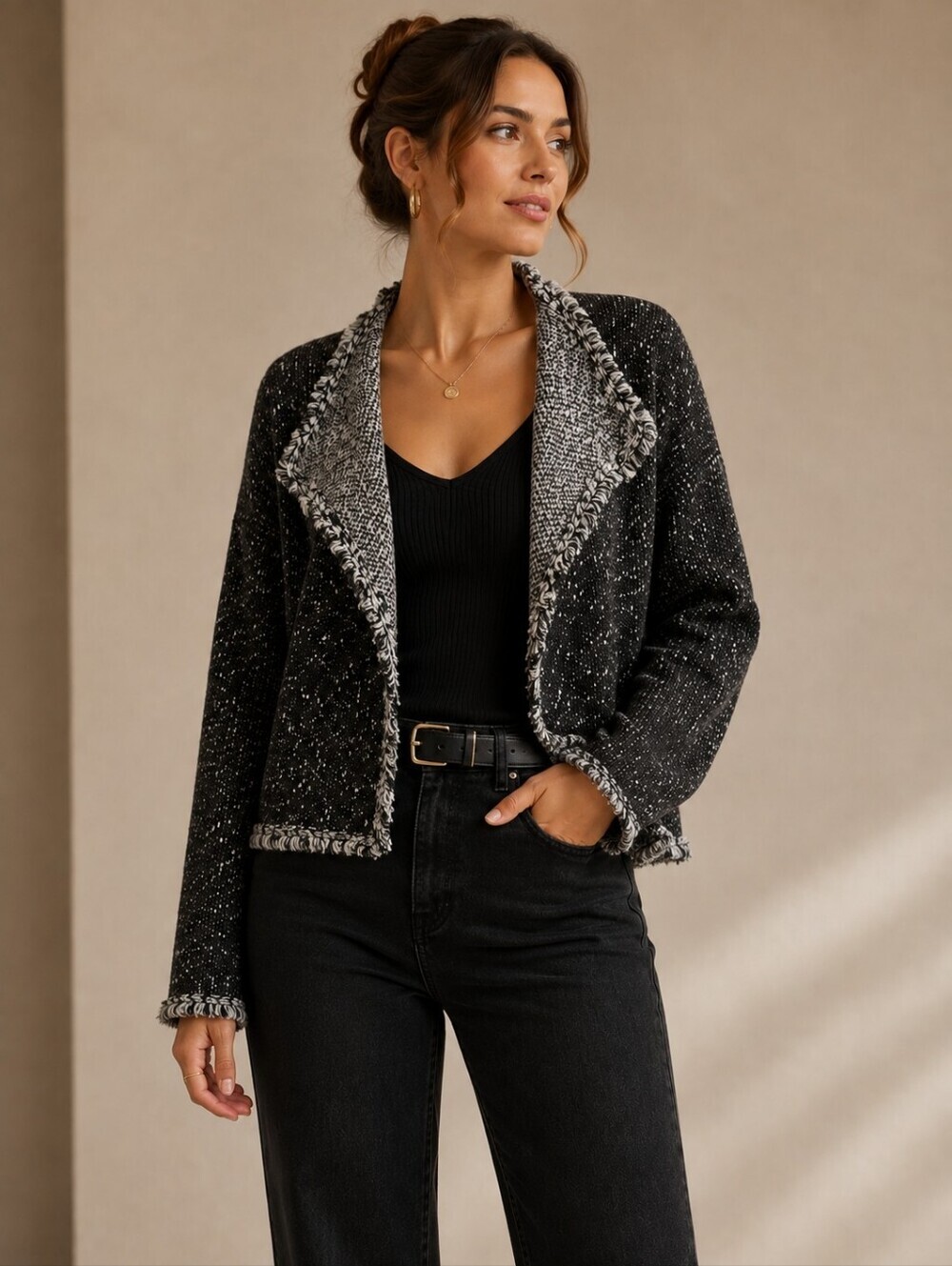 Max Studio Fringe-Trim Cardigan Sweater Black Size S
